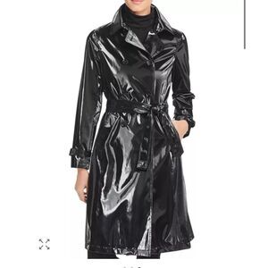 Jane Post $595 High Gloss Trench Coat Black Belted Rain Jacket Women’s M NEW